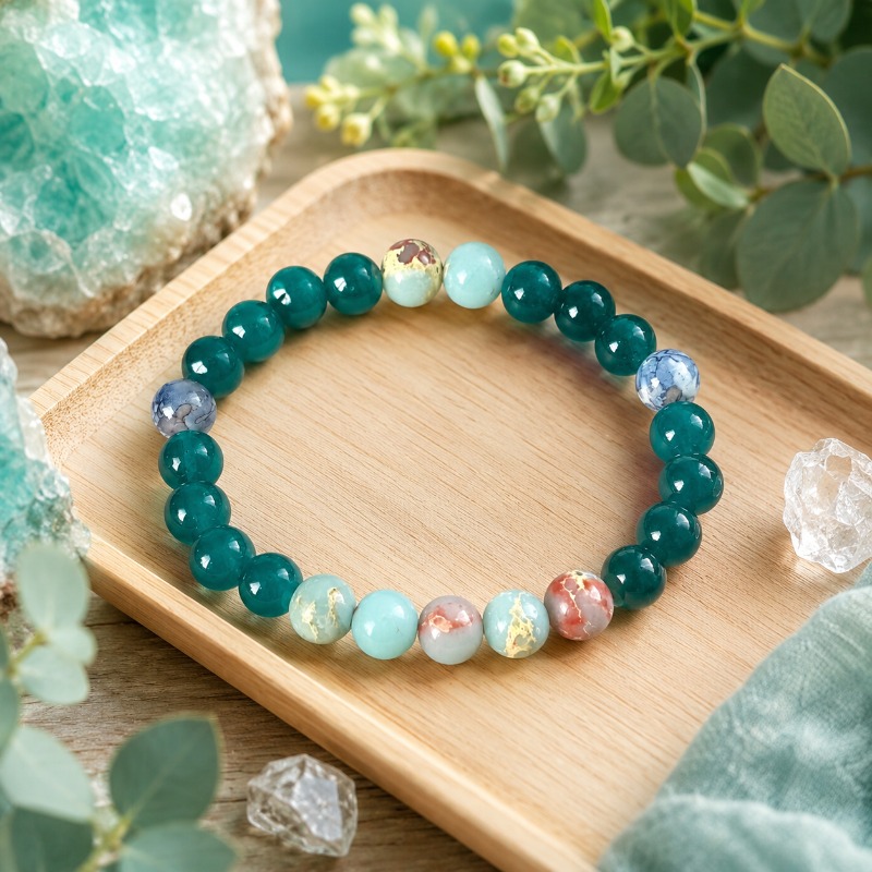 Green Chalcedony Mixed Color Bead Bracelet, Unisex Gift